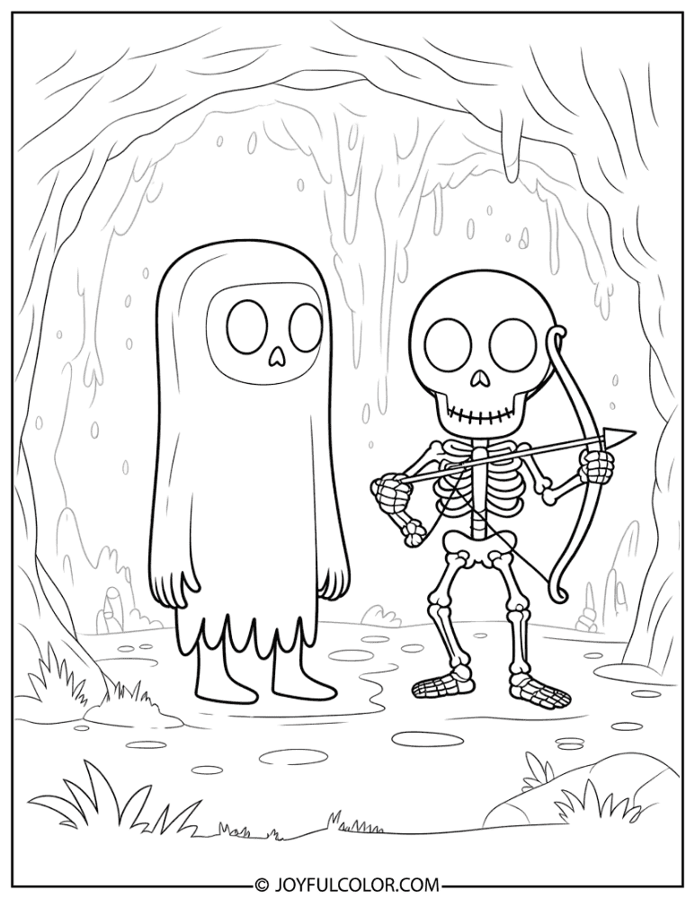 Creeper and Skeleton in a Cave Coloring Page