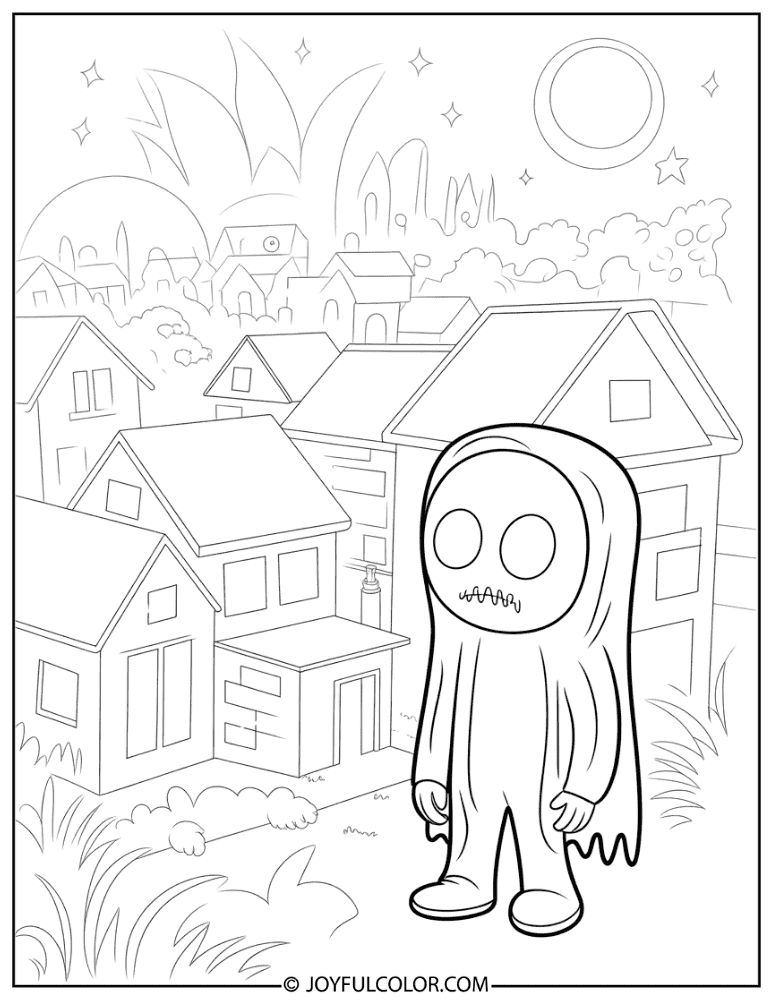 Creeper in a Village at Night Coloring Page