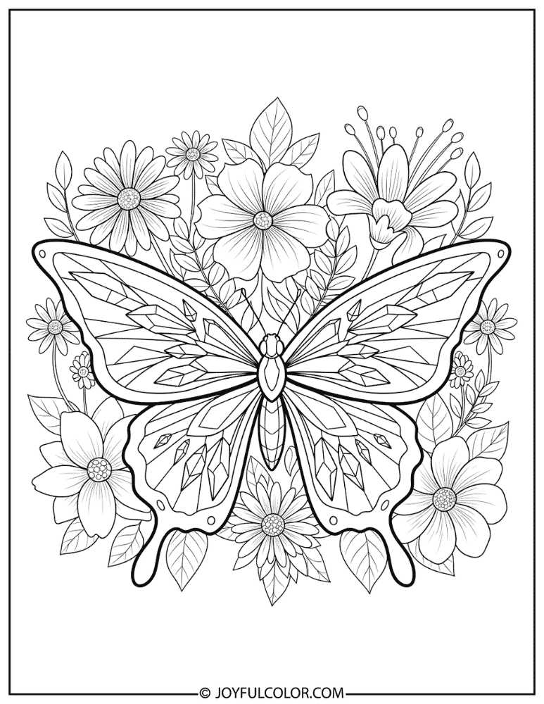 Crystal Wing Butterfly with Fantasy Flowers Coloring Page
