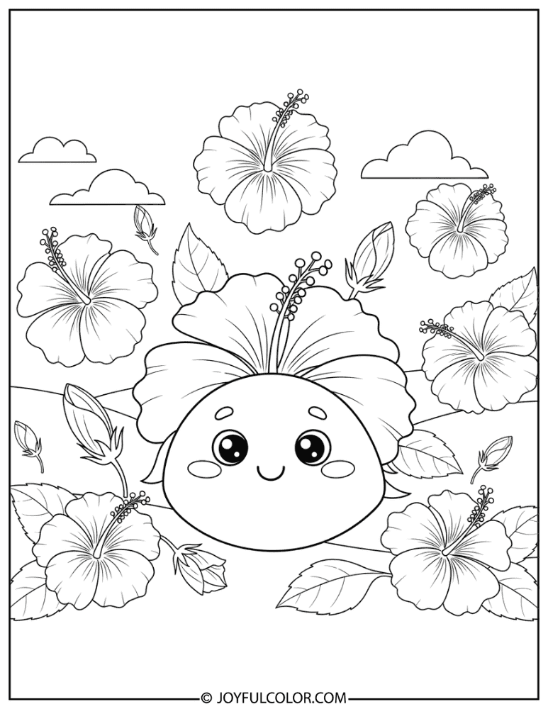 Cute Cartoon Hibiscus Coloring Page