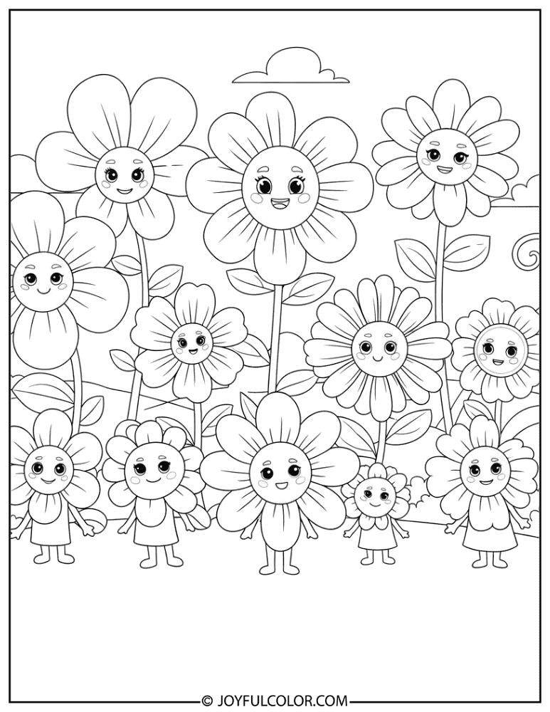 Cute Flower Friends Coloring Page