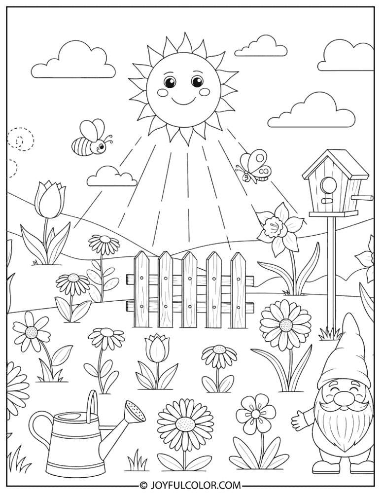 Cute Garden with Happy Sun Coloring Page