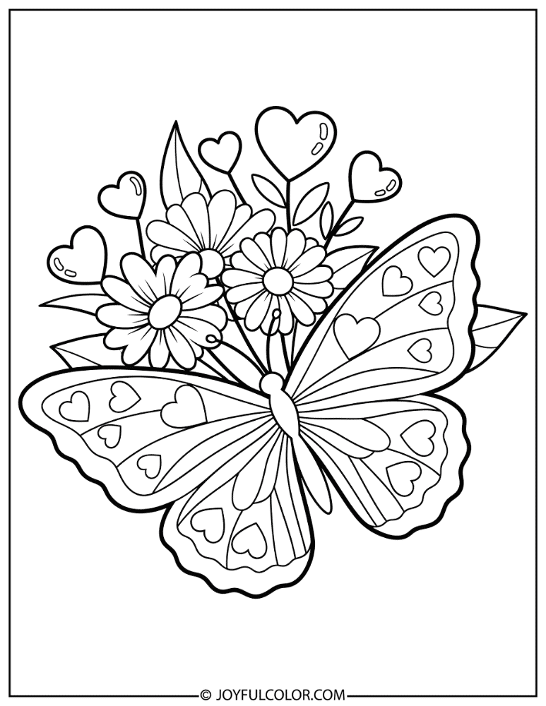Cute Heart Themed Butterfly and Flower Coloring Page