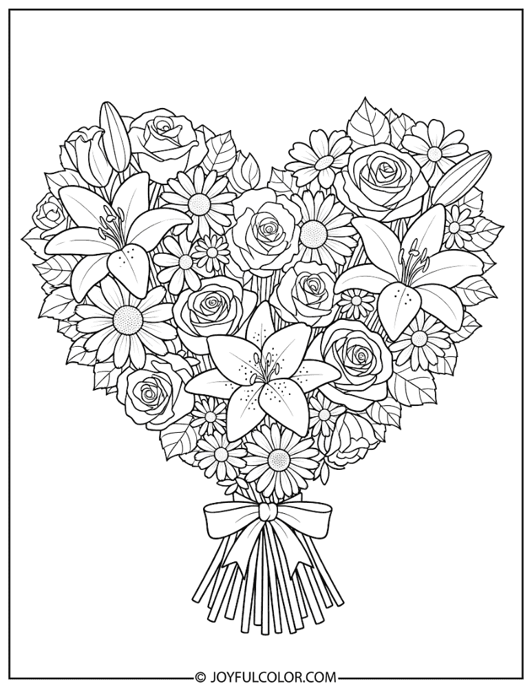 Cute Heart-Themed Flower Bouquet Coloring Page