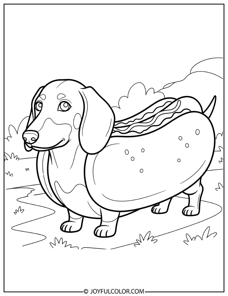 Dachshund in Hot Dog Bun Costume Coloring Page