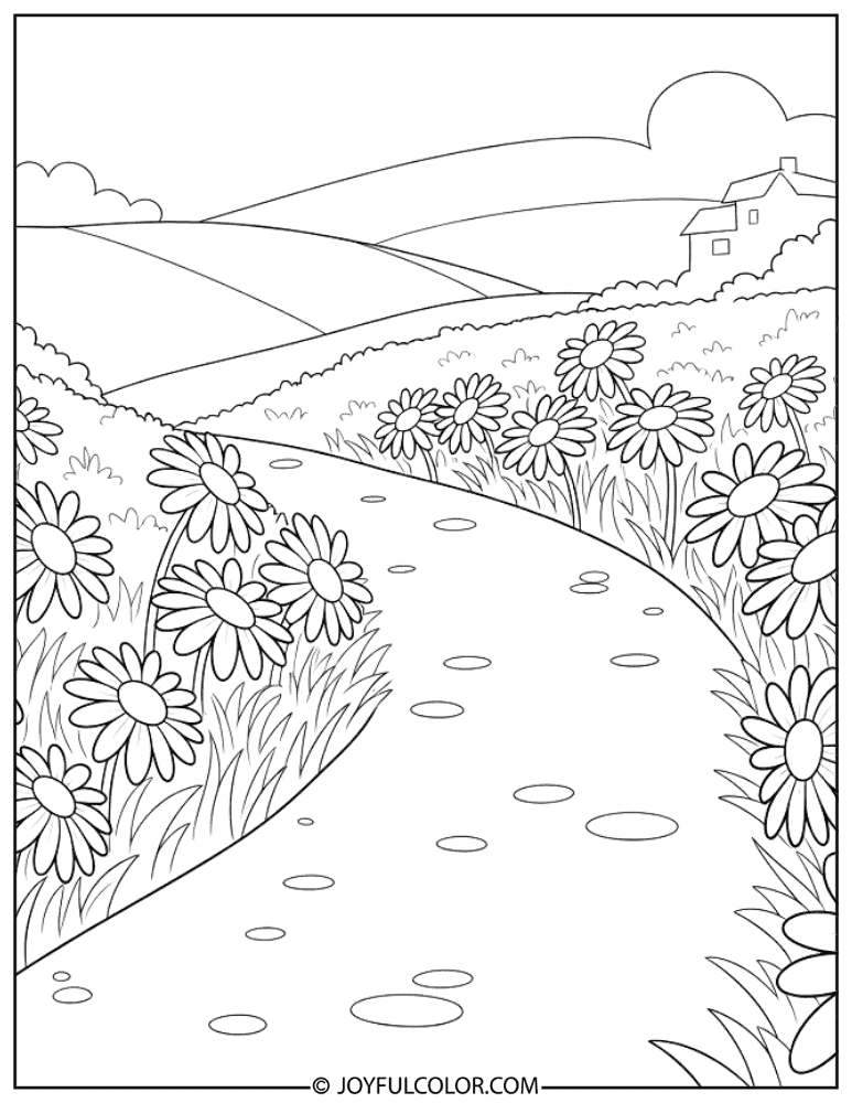 Daisies Along a Garden Path Coloring Page