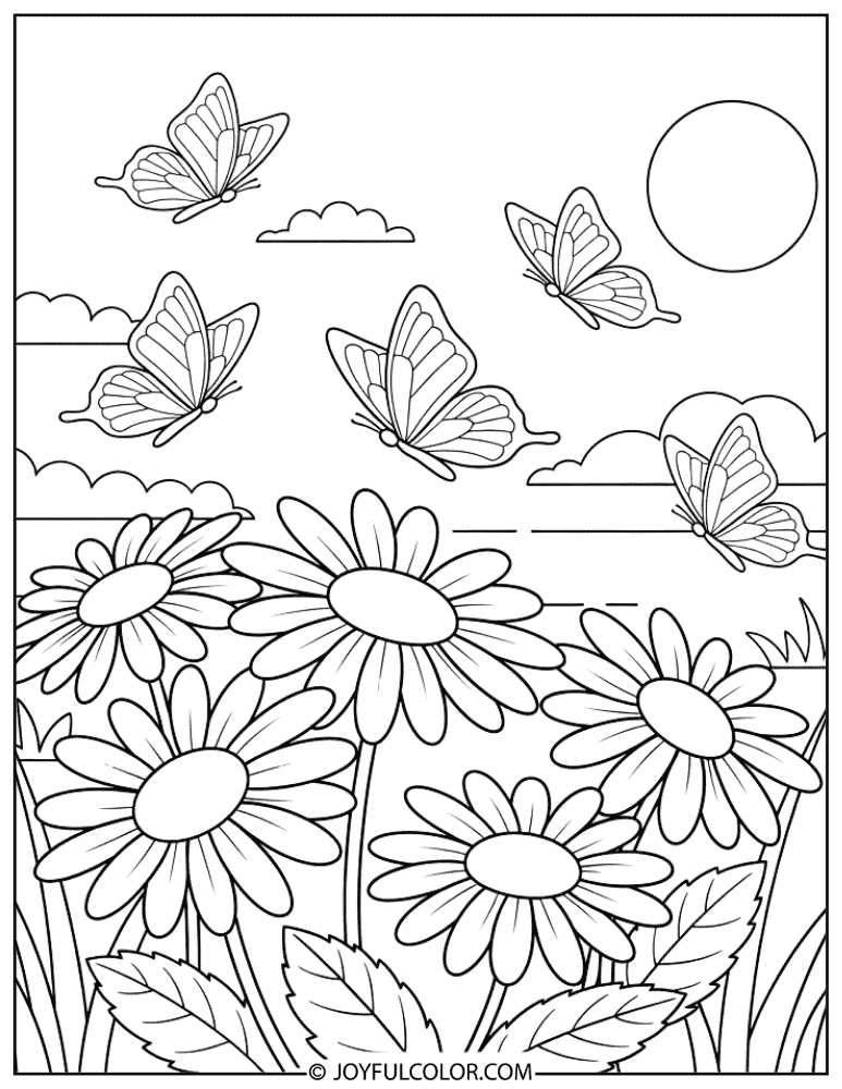 Daisies with Butterflies Coloring Page