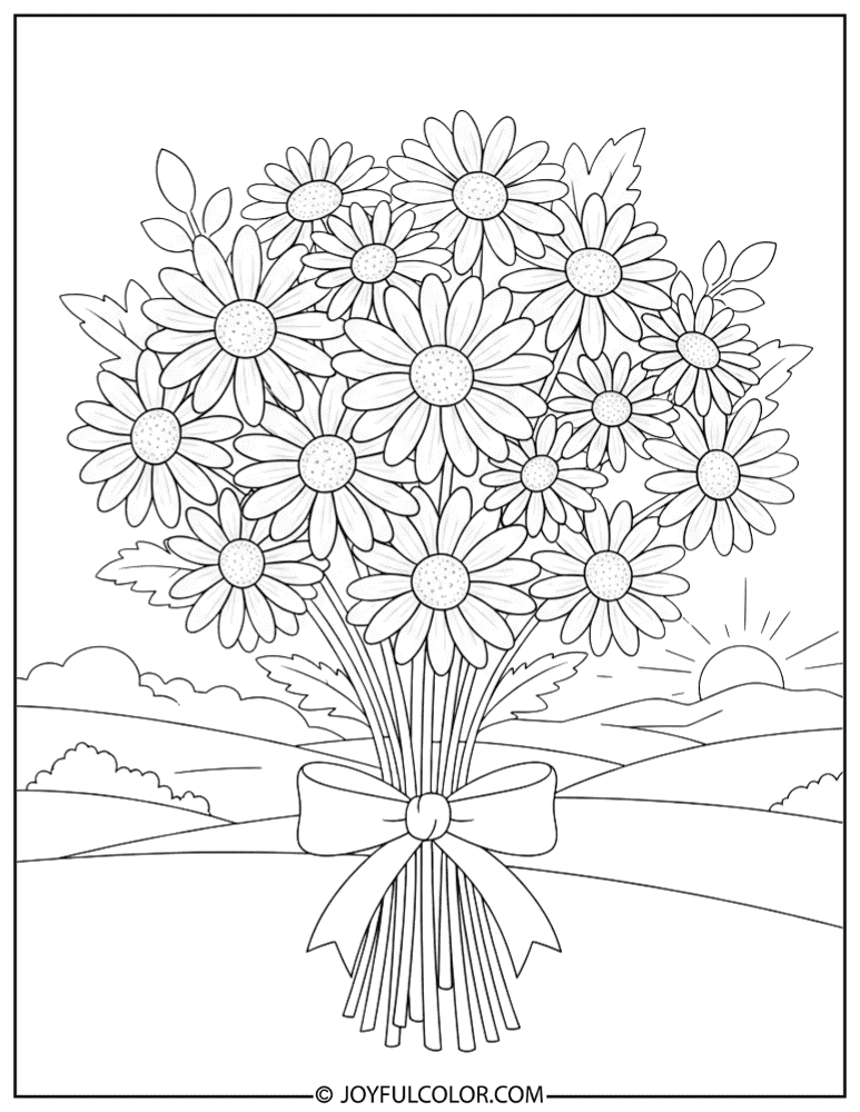 Daisy Bouquet with Ribbon Coloring Page