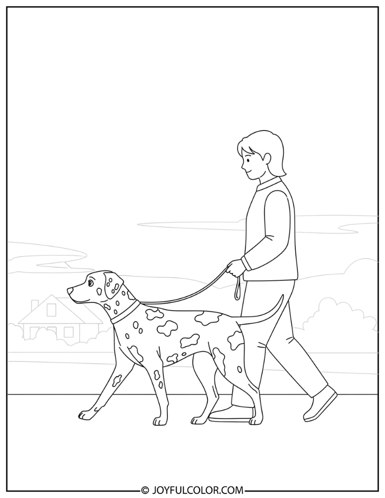 Dalmatian Walking with Owner Coloring Page