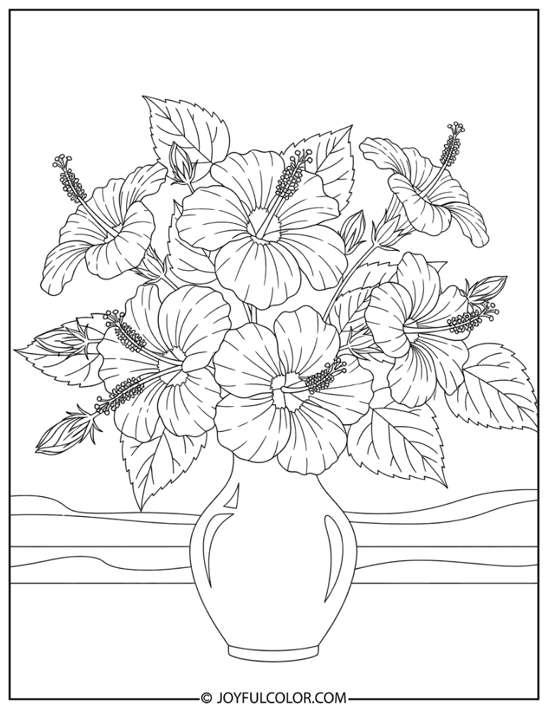 Decorative Hibiscus Vase Coloring Page