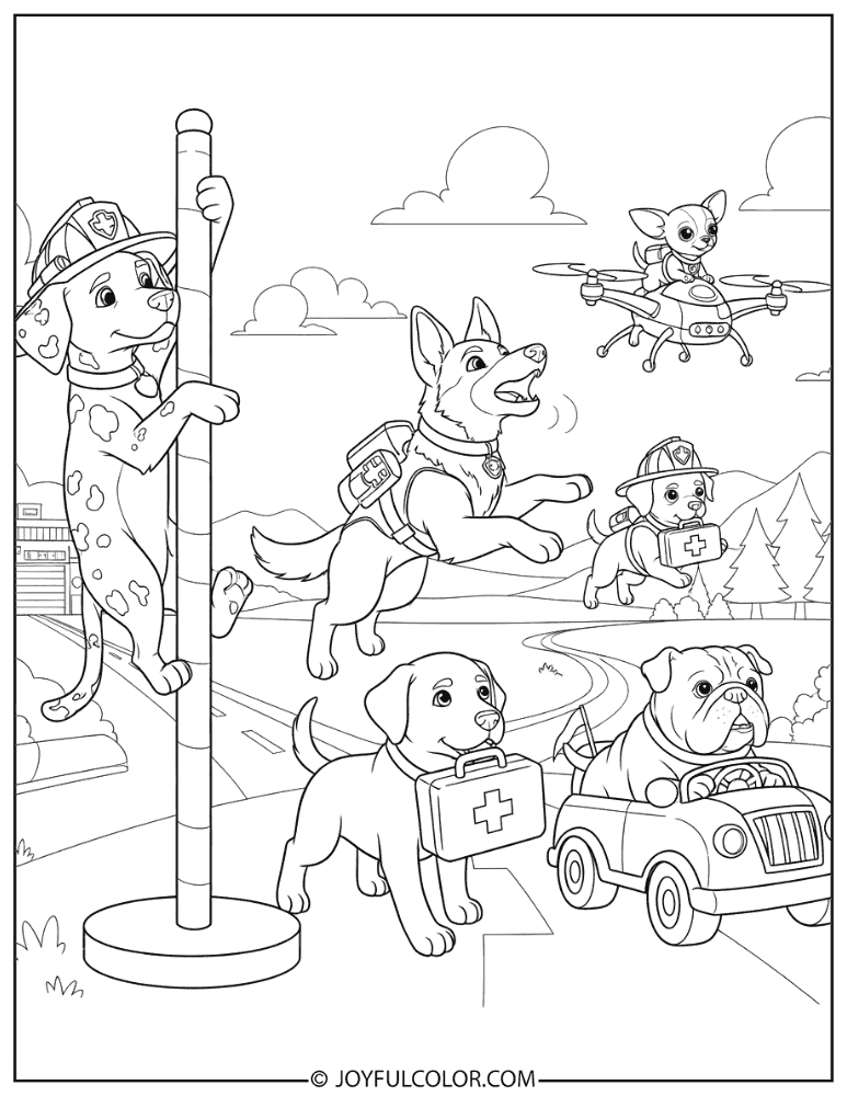 Detailed Paw Patrol Team Illustration Coloring Page