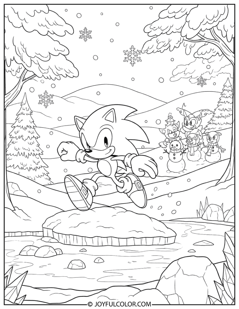 Detailed Sonic Winter Wonderland Scene Coloring Page