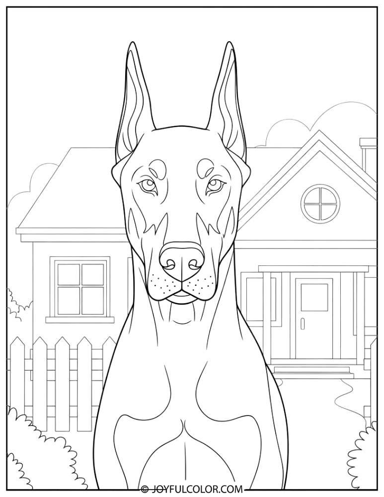 Doberman Protecting House Coloring Page