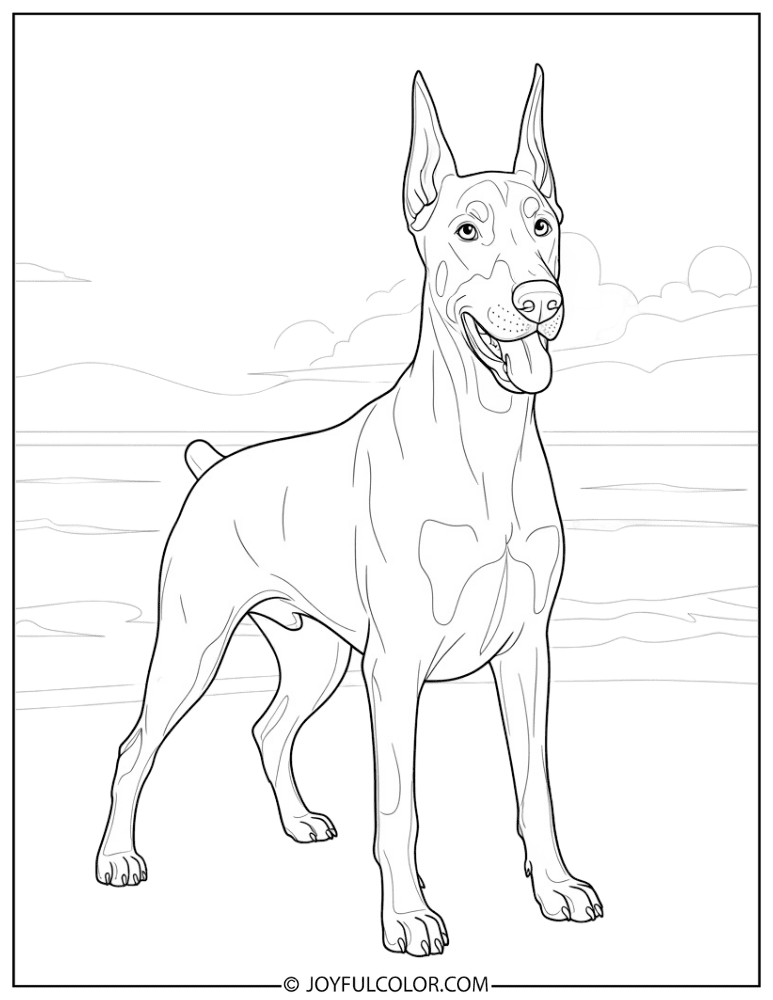 Doberman at Beach Coloring Page