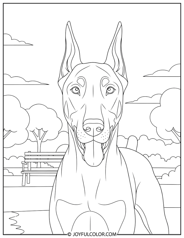 Doberman in Park Coloring Page