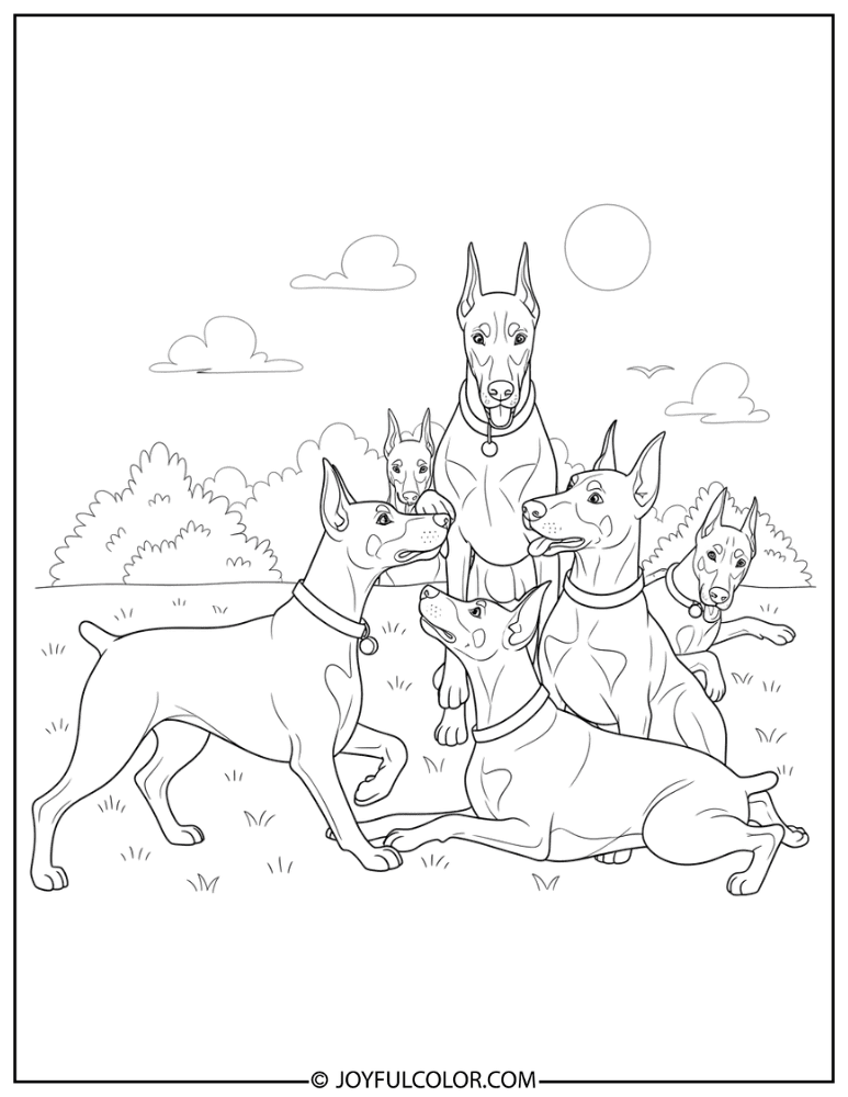 Doberman with Other Dogs Coloring Page