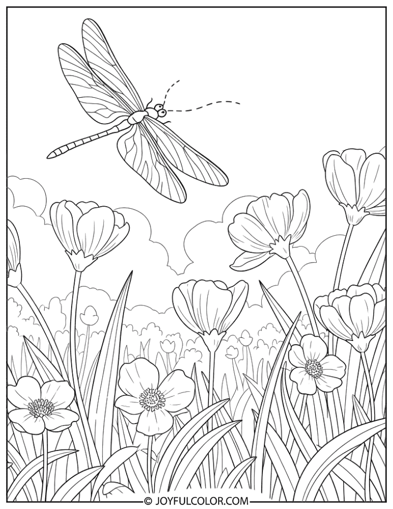 Dragonfly in a Spring Flower Field Coloring Page
