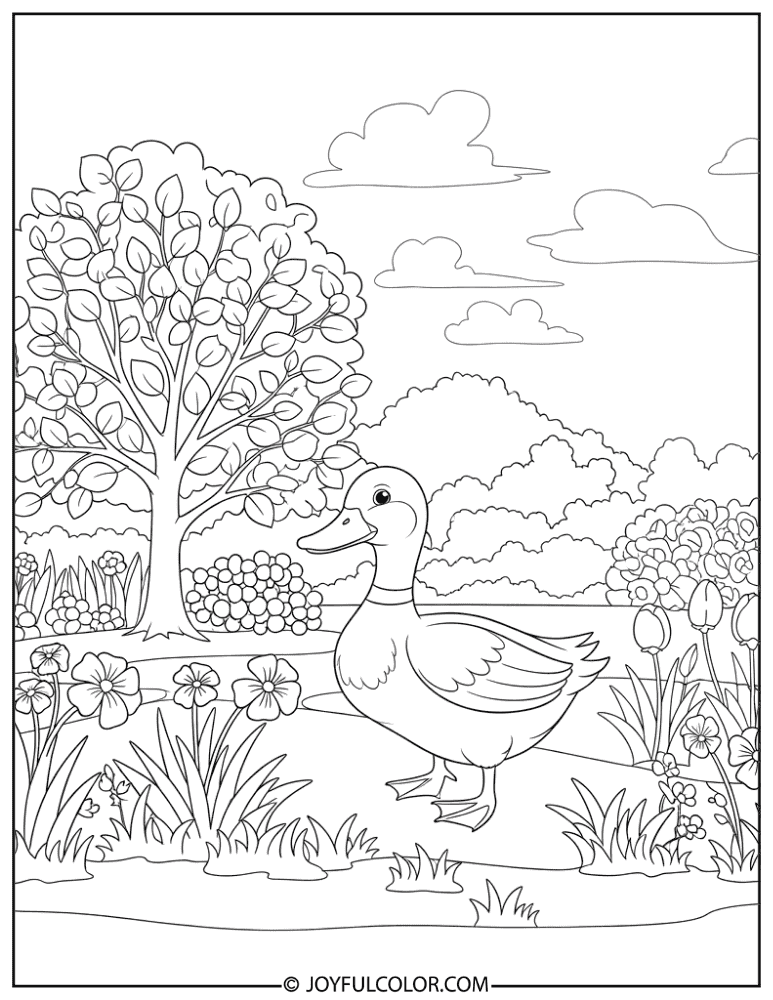 Duck in Spring Garden Coloring Page