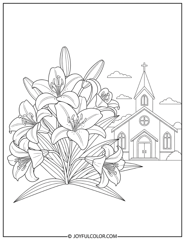 Easter Lily Church Scene Coloring Page