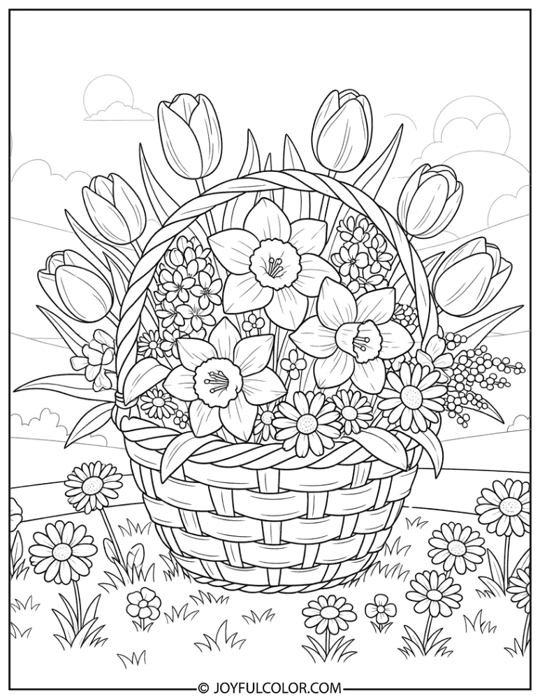 Easter Spring Flower Basket Coloring Page