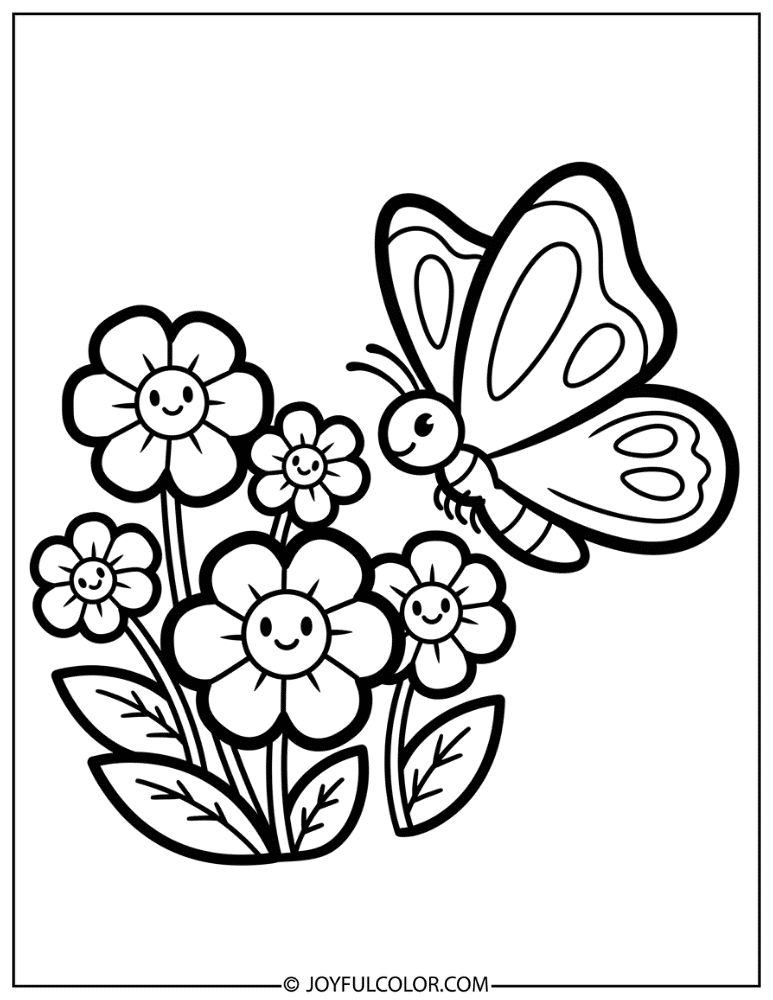 Easy Cartoon Butterfly and Flower Coloring Page