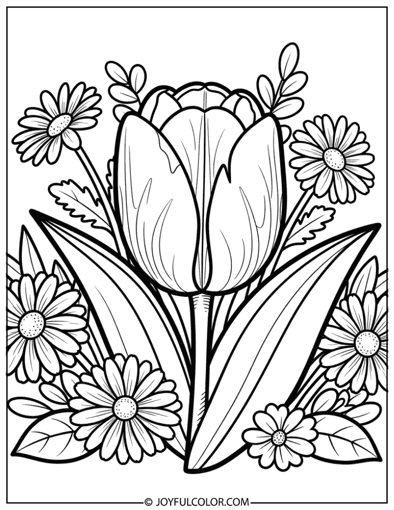 Easy Tulip Garden Flower Coloring Page