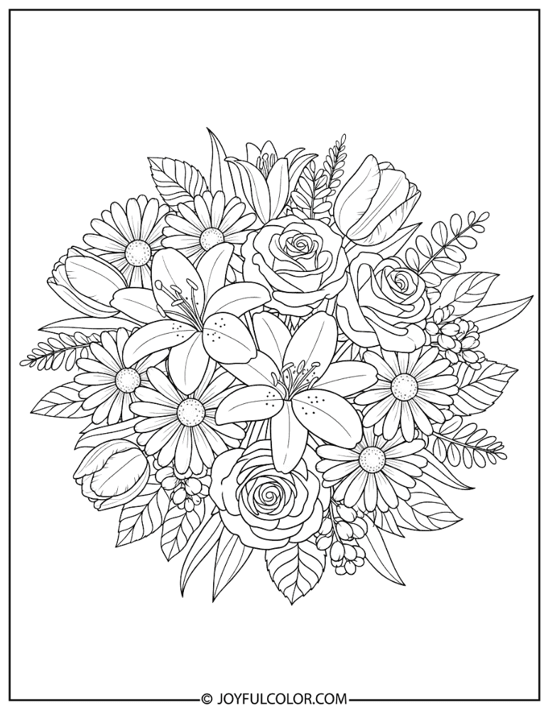Elegant Mixed Flower Bouquet Coloring Page