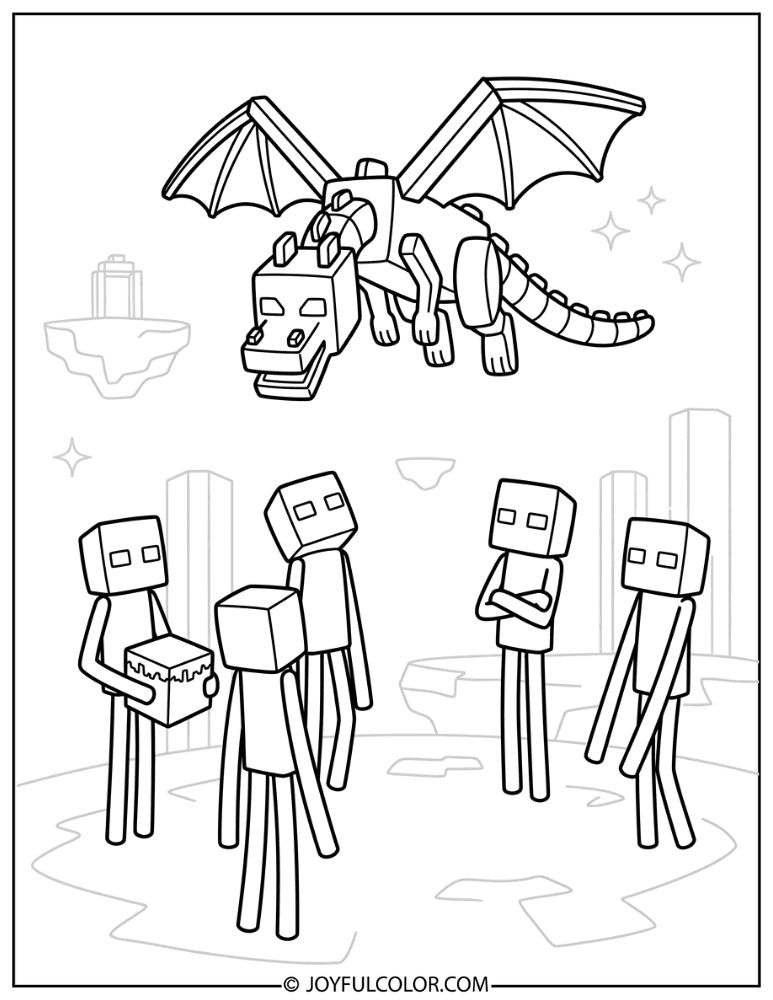 Ender Dragon Surrounded by Endermen Coloring Page