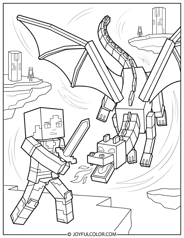 Ender Dragon and Alex Fighting Coloring Page