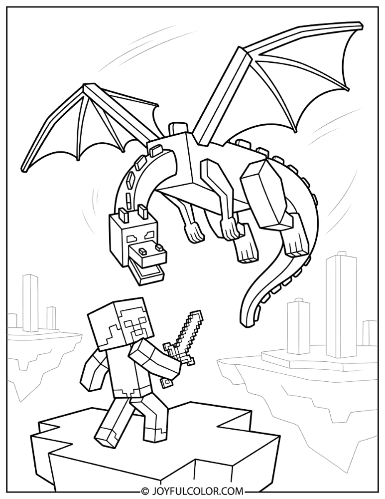 Ender Dragon vs Steve Coloring Page