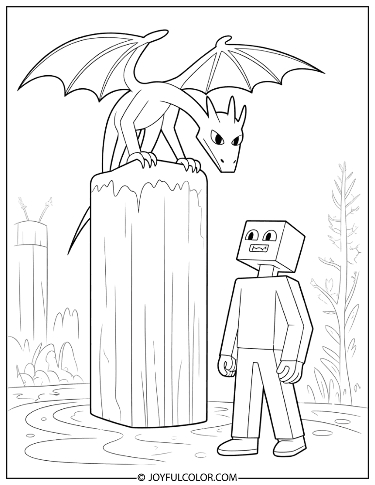 Enderman Below Ender Dragon Perched on Pillar Coloring Page