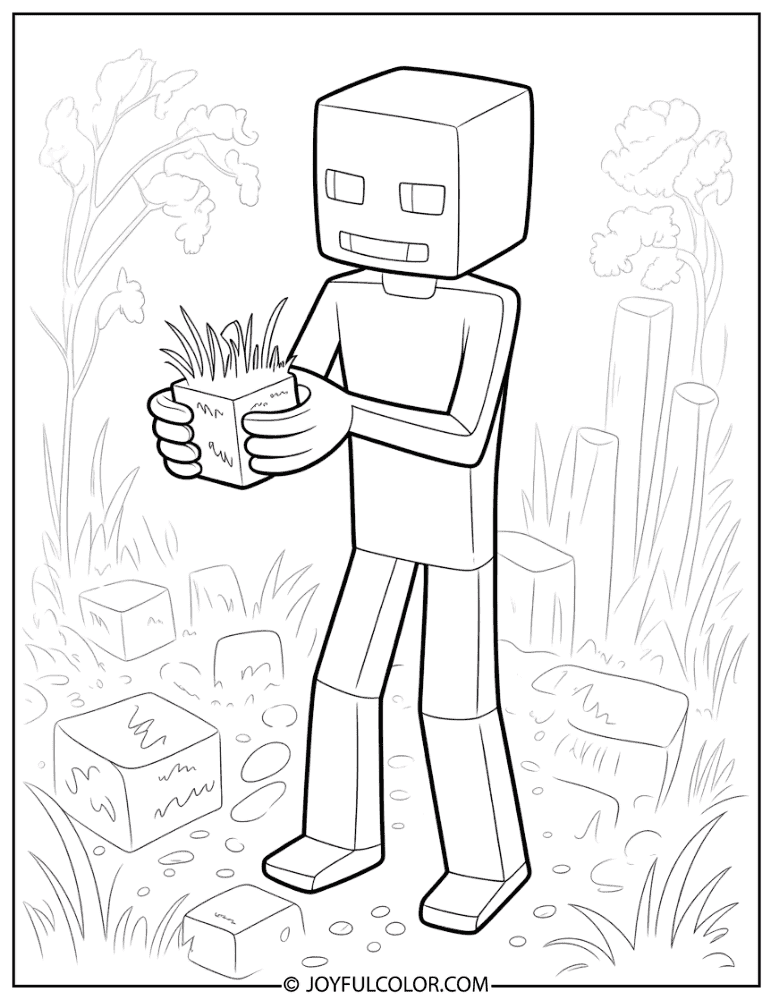 Enderman Holding Grass Block Coloring Page