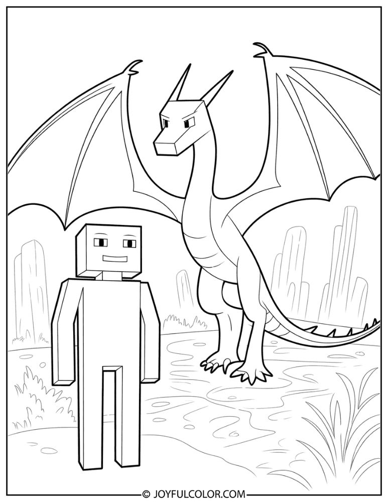 Enderman Standing Before Ender Dragon Coloring Page
