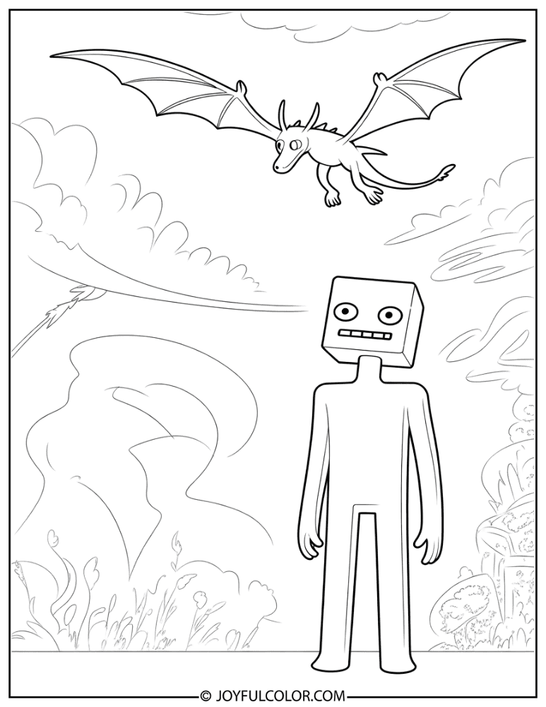 Enderman Watching Ender Dragon Fly Coloring Page