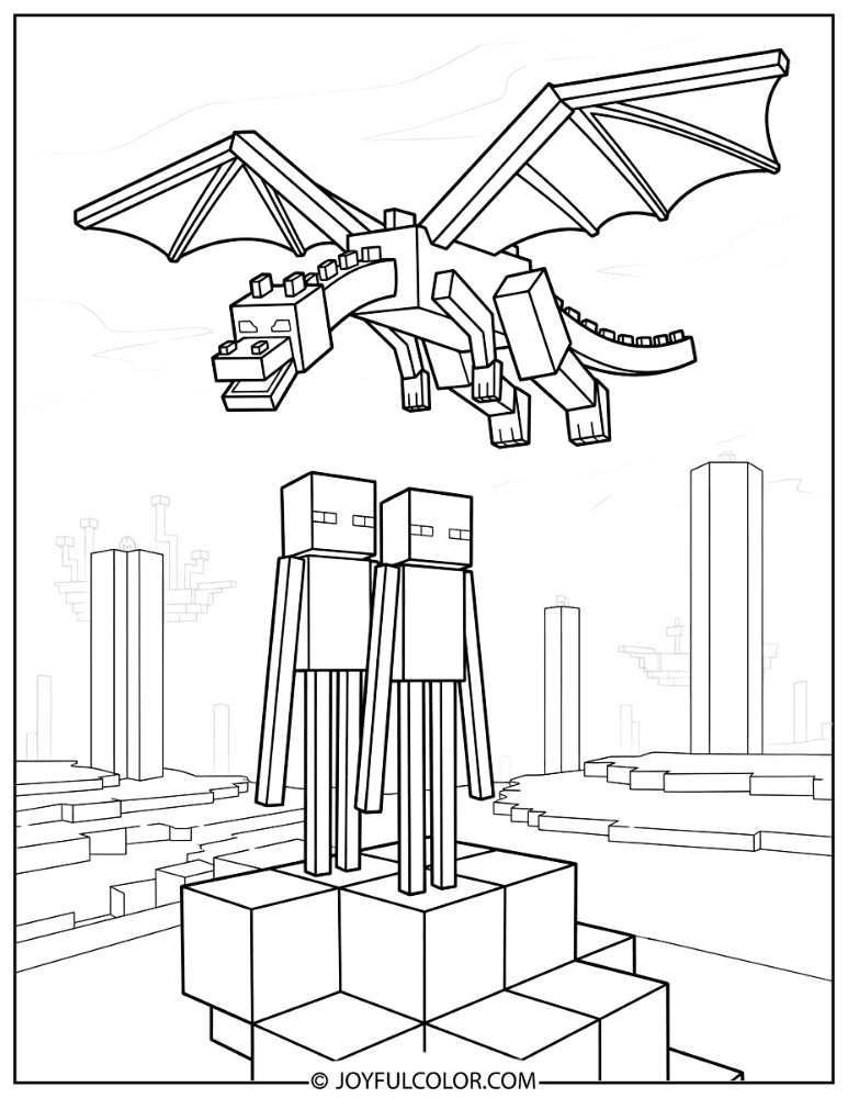 Enderman and Dragon in the End Coloring Page