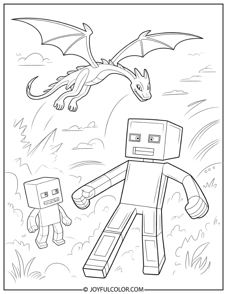 Enderman and Ender Dragon Battle Scene Coloring Page