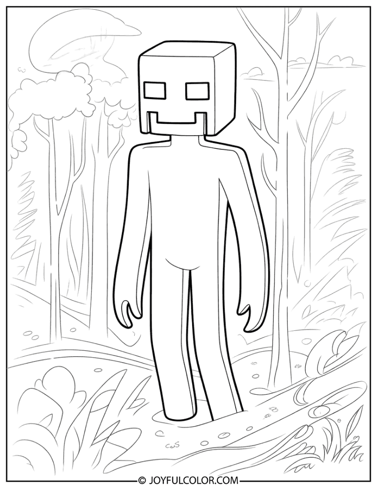 Enderman in Dark Forest at Night Coloring Page