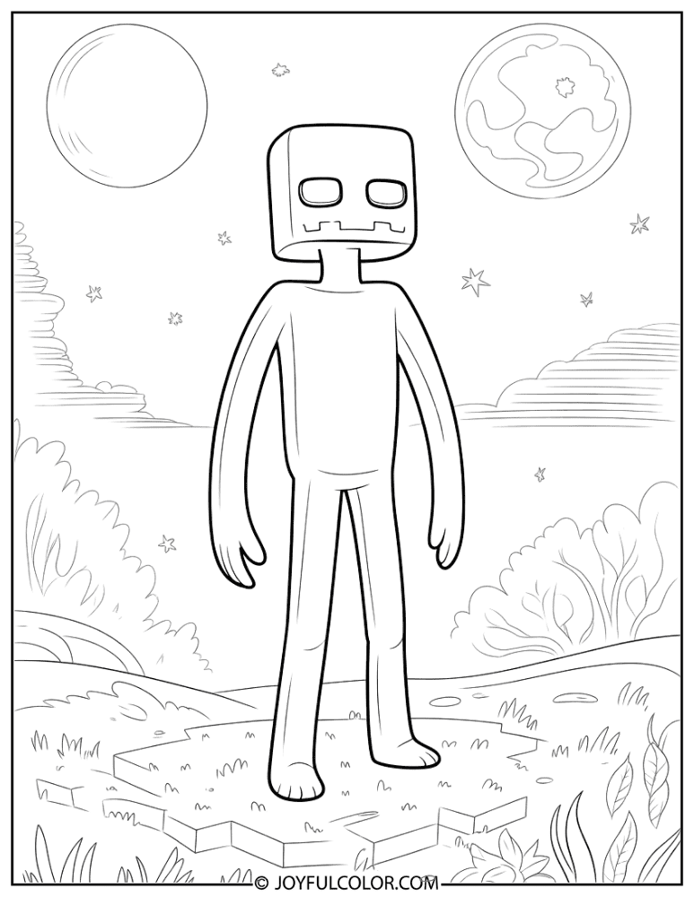 Enderman on Plains Under Moon Coloring Page