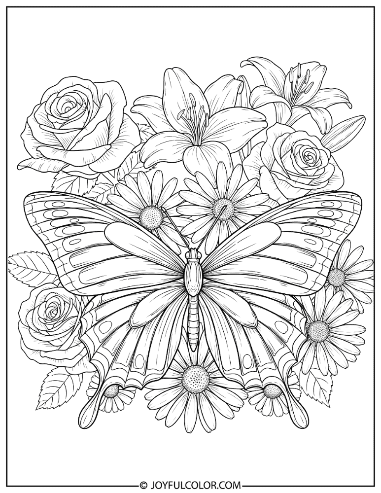 Engraved Butterfly Floral Illustration Coloring Page