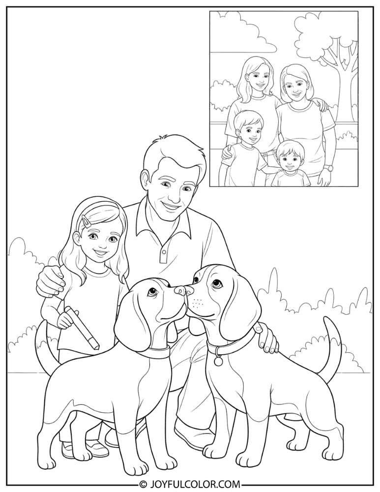 Family Playing With Beagle Coloring Page