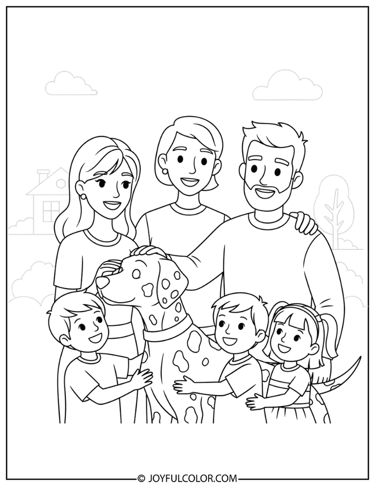 Family with Dalmatian Coloring Page