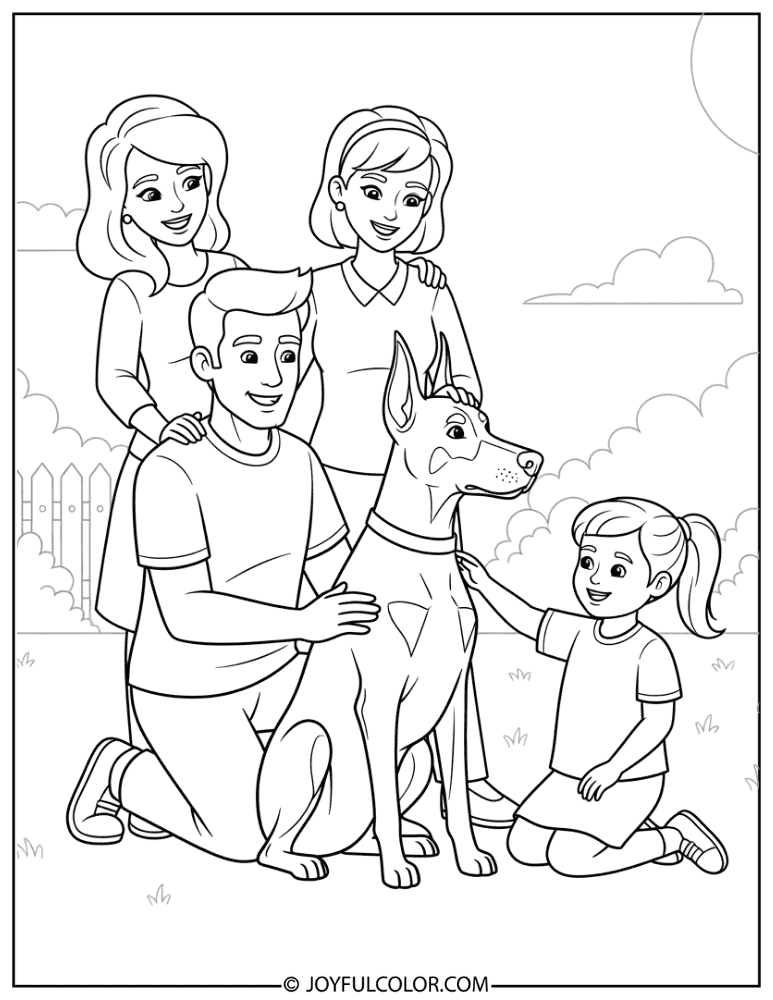 Family with Doberman Coloring Page