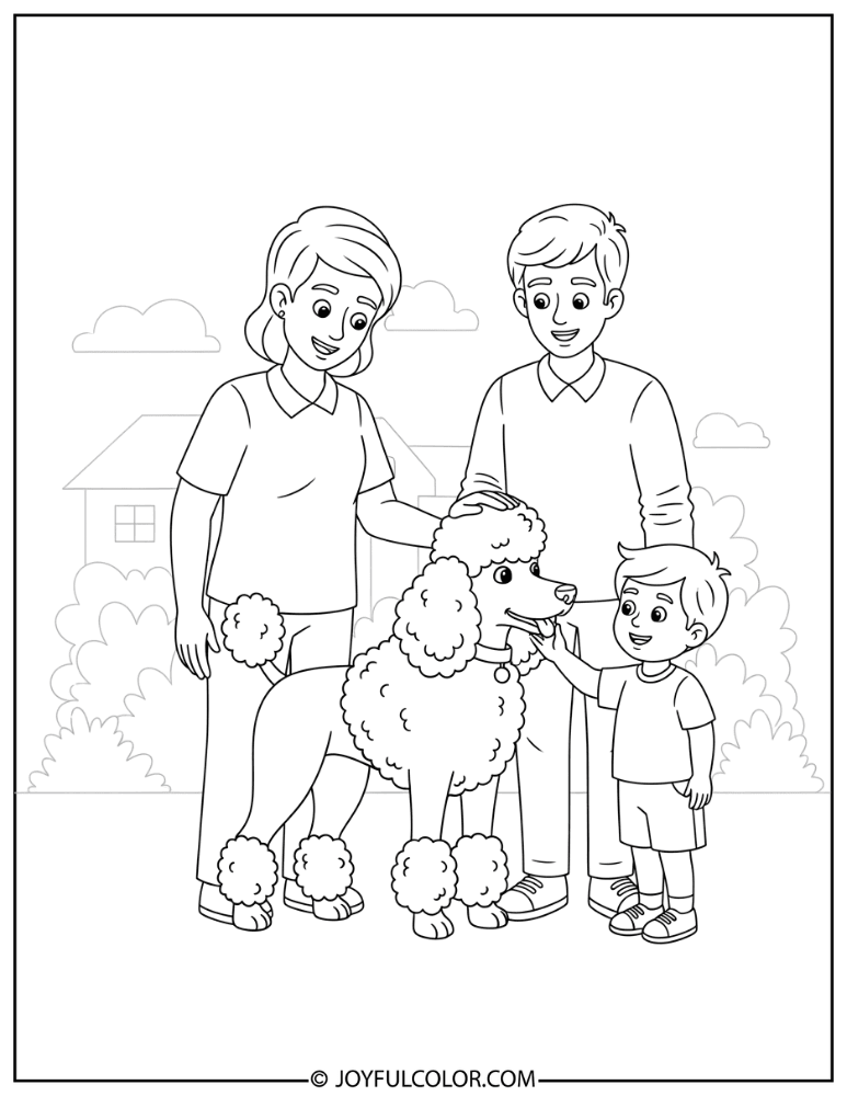 Family with Poodle Coloring Page