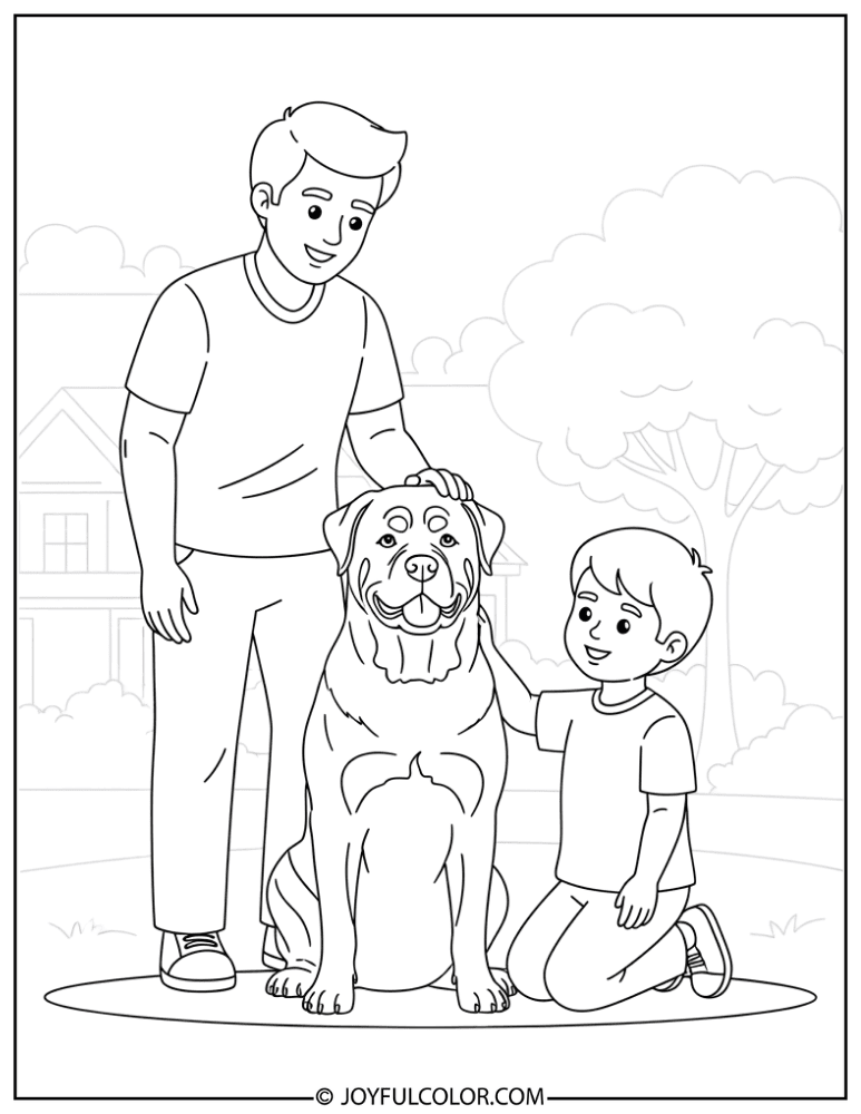Family with Rottweiler Coloring Page