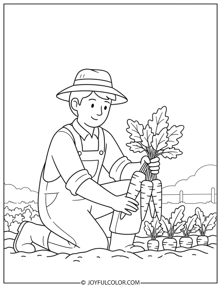 Farmer Harvesting Carrots Coloring Page