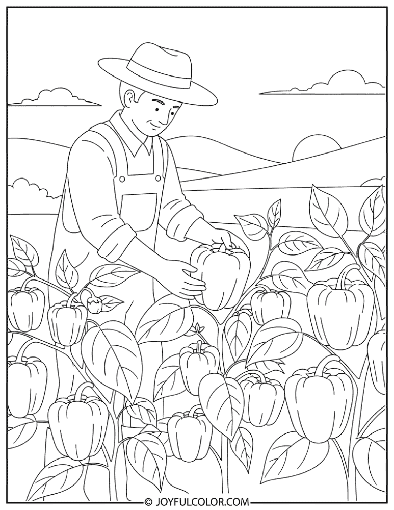 Farmer Harvesting Peppers Coloring Page