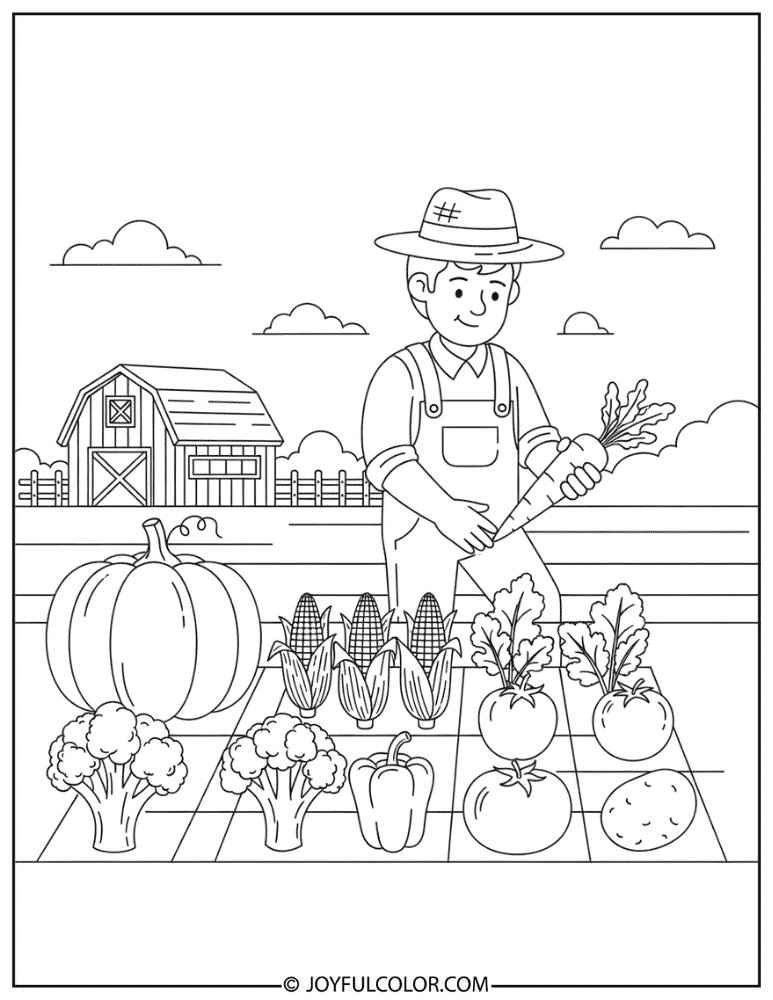 Farmer Harvesting Vegetables Coloring Page