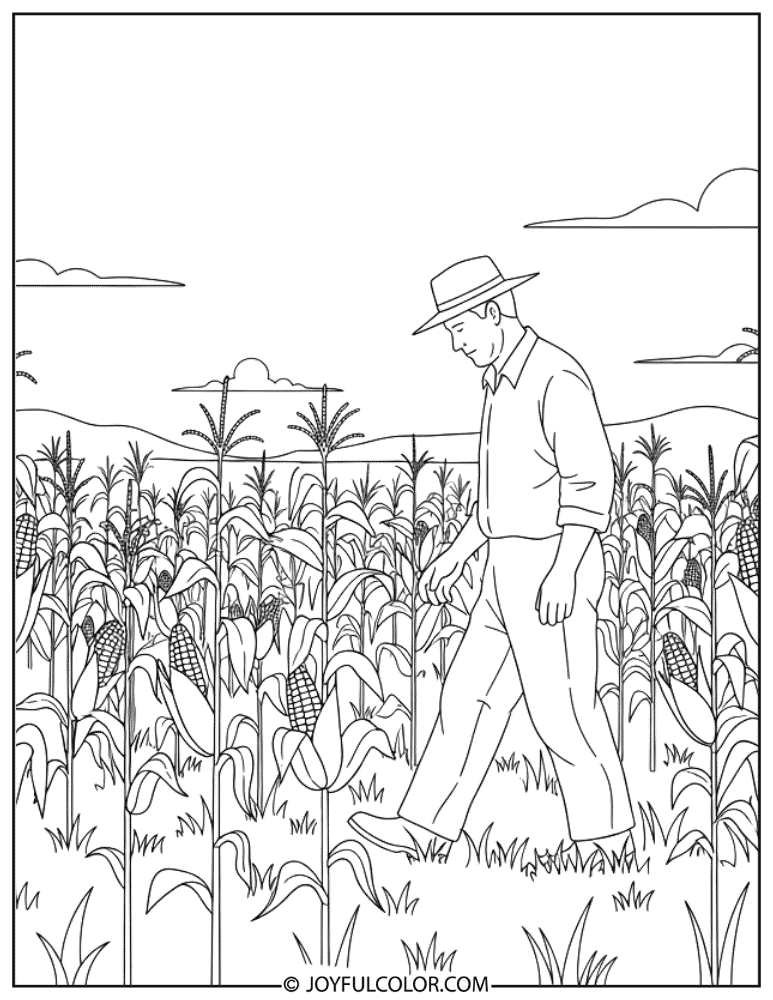 Farmer Walking Through Corn Rows Coloring Page