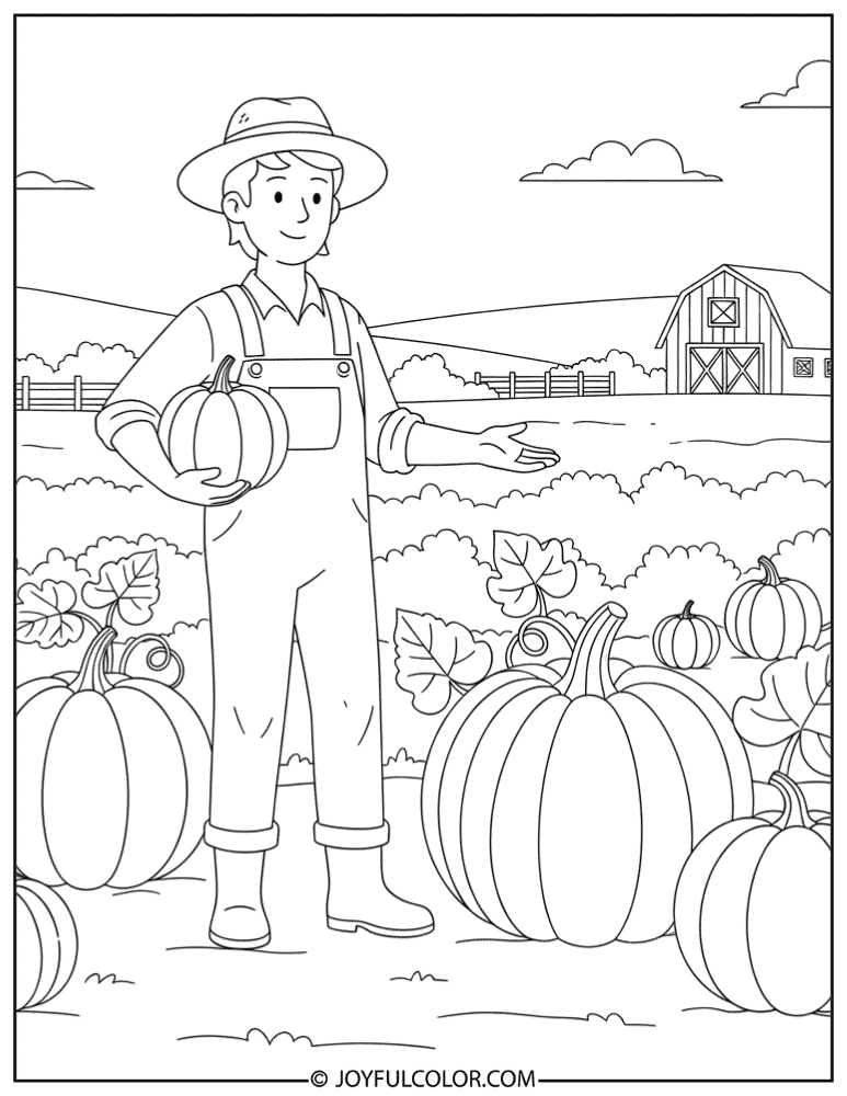 Farmer in Pumpkin Patch Coloring Page