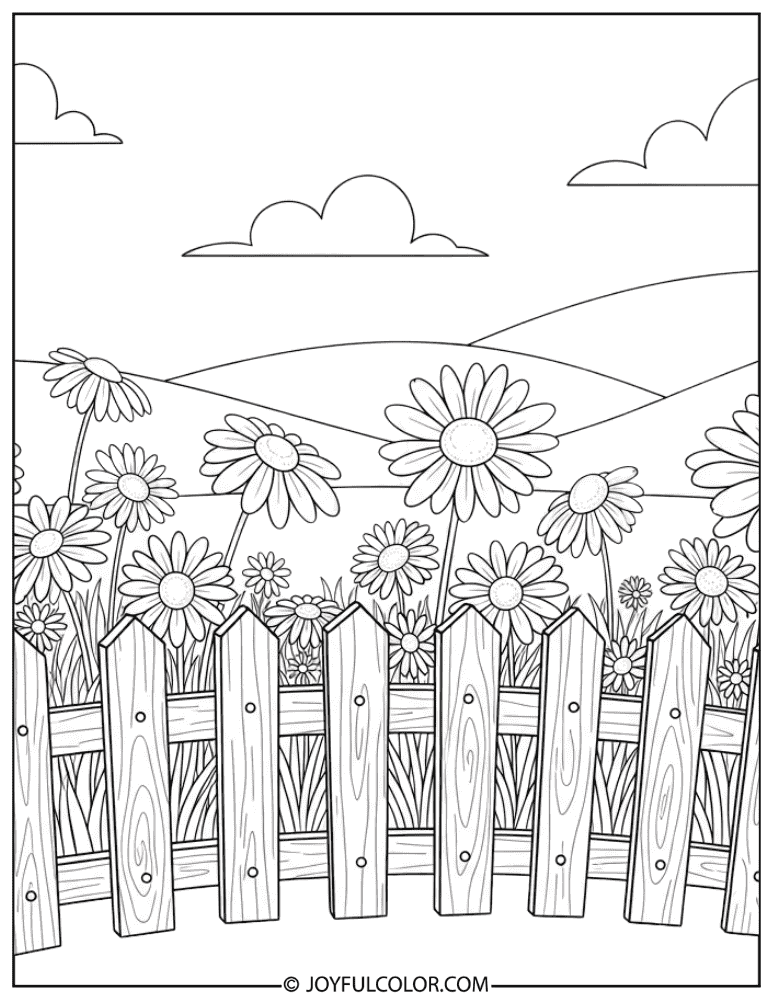 Fence Surrounded by Daisies Coloring Page